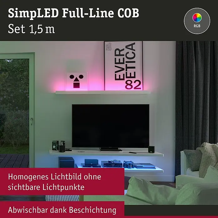 Paulmann LED-Band - Länge: 150 cm, Lichtfarbe: RGB, 14,5 W, 230 V - Abbildung eines SimpLED Full-Line COB-Sets mit 1,5 m Länge, das eine homogene und abwischbare Beleuchtung für Ihr Zuhause bietet.