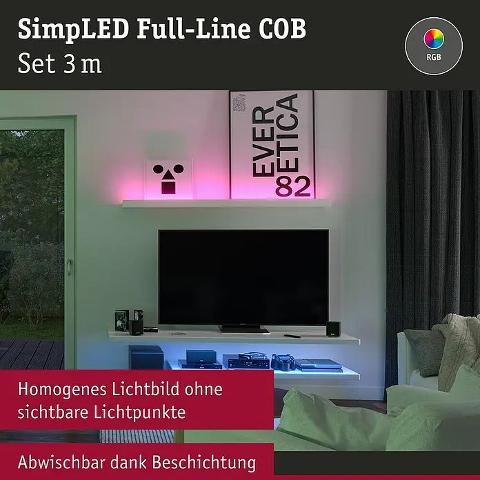Paulmann LED-Band - Länge: 300 cm, Lichtfarbe: RGB, 30 W, 230 V - Das Bild zeigt ein SimpLED Full-Line COB Set 3 m, das ein homogenes Lichtbild ohne sichtbare Lichtpunkte erzeugt und abwischbar ist.
