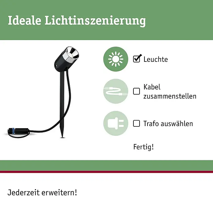 Paulmann Plug & Shine LED-Gartenspot Pike - Leistung: 3,5 W, Spannung: 24 V, IP65, Höhe: 31 cm - Bild einer Gartenleuchte mit Installationsanleitung. Die Lampe mit Erdspieß ist ideal für die Lichtinszenierung im Außenbereich.