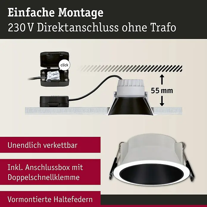 Paulmann LED-Einbauleuchte Cole - 6,5 W, Weiß/Schwarz, Warmweiß, 3 Stk. - Produktbild einer LED-Einbauleuchte mit Direktanschluss, einfacher Montage und einer Höhe von 55 mm. Inklusive Anschlussbox und Haltefedern.