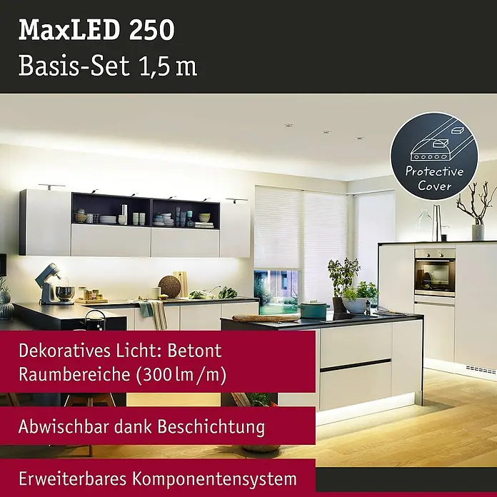 Paulmann MaxLED 250 LED-Band Basisset Protecting Cover IP44 - Länge: 1,5 m, Lichtfarbe: Warmweiß, 6 W, 360 lm, IP44 - MaxLED 250 Basis-Set 1,5 m: Dekorative Lichtleiste für Küchen, abwischbar und erweiterbar. Inklusive Schutzabdeckung.