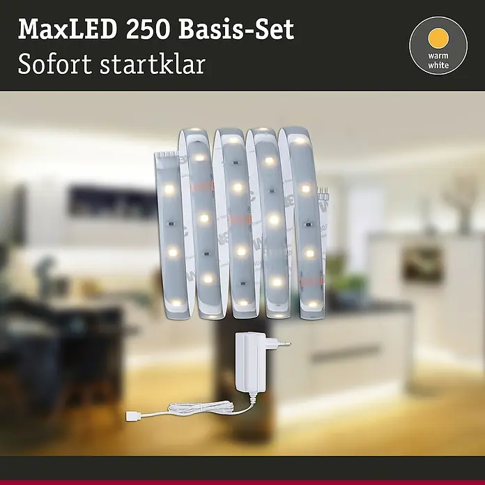 Paulmann MaxLED 250 LED-Band Basisset Protecting Cover IP44 - Länge: 1,5 m, Lichtfarbe: Warmweiß, 6 W, 360 lm, IP44 - MaxLED 250 Basis-Set: Sofort startklare LED-Streifen mit warmweißem Licht und Netzteil für eine stimmungsvolle Beleuchtung in jedem Raum.
