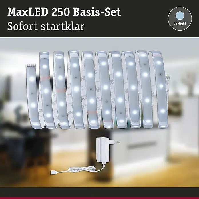Paulmann MaxLED 250 LED-Band Basisset Protecting Cover - Länge: 3 m, Lichtfarbe: Tageslichtweiß, 12 W, 900 lm, IP44 - Produktbild eines MaxLED 250 Basis-Sets, das sofort einsatzbereit ist, mit Tageslichtoption, ideal für die Beleuchtung von Innenräumen.