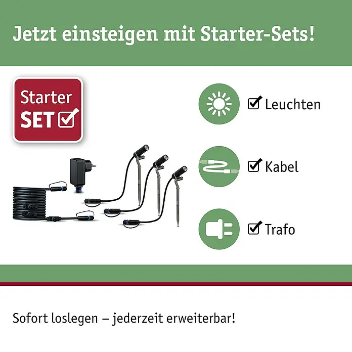 Paulmann Plug & Shine Basis-Set LED-Gartenstrahler Plantini - 2 W, Erdspieß, IP65, 3 Stk. - Das Bild zeigt ein Starter-Set für Gartenbeleuchtung mit Leuchten, Kabel und Trafo. Ideal, um sofort loszulegen und jederzeit erweiterbar.