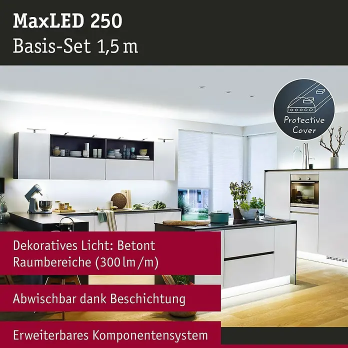Paulmann MaxLED 250 LED-Band Basisset Protecting Cover IP44 - Länge: 1,5 m, Lichtfarbe: Tageslichtweiß, 6 W, 360 lm, IP44 - Bild von MaxLED 250 Basis-Set 1,5 m. Das Set sorgt für dekoratives Licht in Raumbereichen und ist dank Beschichtung abwischbar.