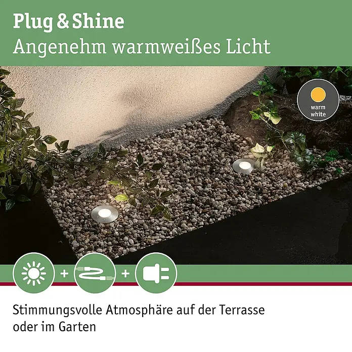 Paulmann Plug & Shine Basis-Set LED-Bodeneinbauleuchte Floor Mini - 2,5 W, 24 V, IP65, Höhe: 90 mm, 3.000 K, 3 Stk. - Das Bild zeigt eine Plug & Shine Gartenleuchte, die ein angenehm warmweißes Licht erzeugt und für eine stimmungsvolle Atmosphäre sorgt.