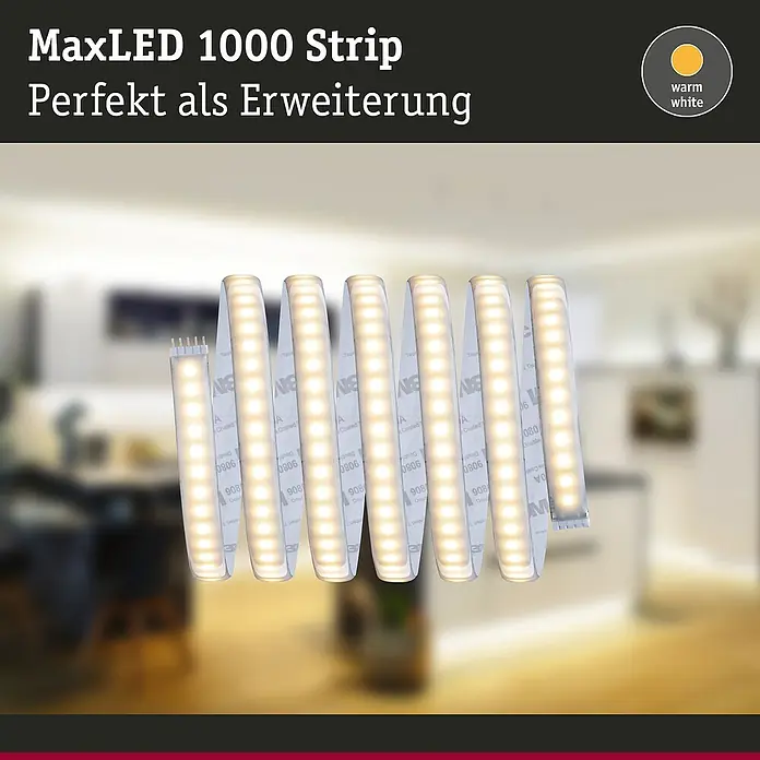 Paulmann MaxLED 1.000 LED-Band Warmweiß - L x H: 2,5 m x 4 mm, Silber - Produktbild eines MaxLED 1000 Strip "Warm White", perfekt als Erweiterung für eine angenehme Beleuchtung.