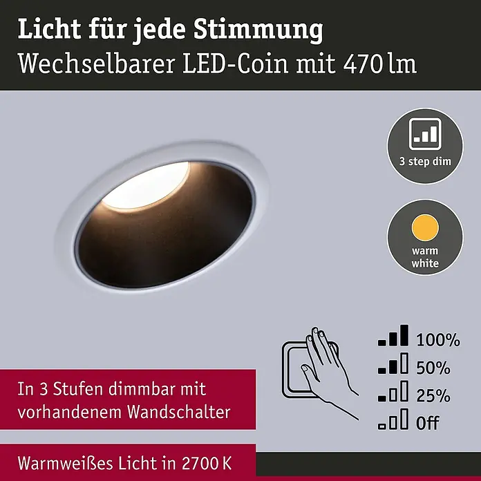 Paulmann LED-Einbauleuchte Cole - 6,5 W, Weiß/Schwarz, Warmweiß, 1 Stk. - Nahaufnahme einer dimmbaren LED-Einbauleuchte mit warmweißem Licht und einer Helligkeit von 470 Lumen.