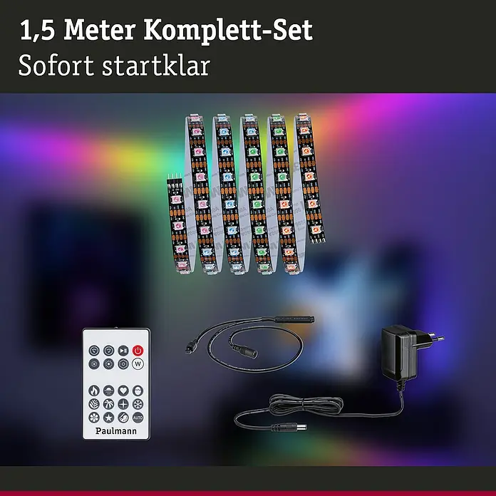 Paulmann LED-Stripes Dynamic Rainbow - Länge: 150 cm, RGB, 4,8 W - LED-Komplettset mit 1,5 Metern Länge, sofort einsatzbereit mit Fernbedienung, Netzteil und flexiblen LED-Streifen für stimmungsvolle Beleuchtung.