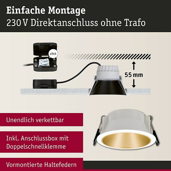 Paulmann LED-Einbauleuchte Cole (6,5 W, Weiß/Gold, Warmweiß, 1 Stk.) | BAUHAUS