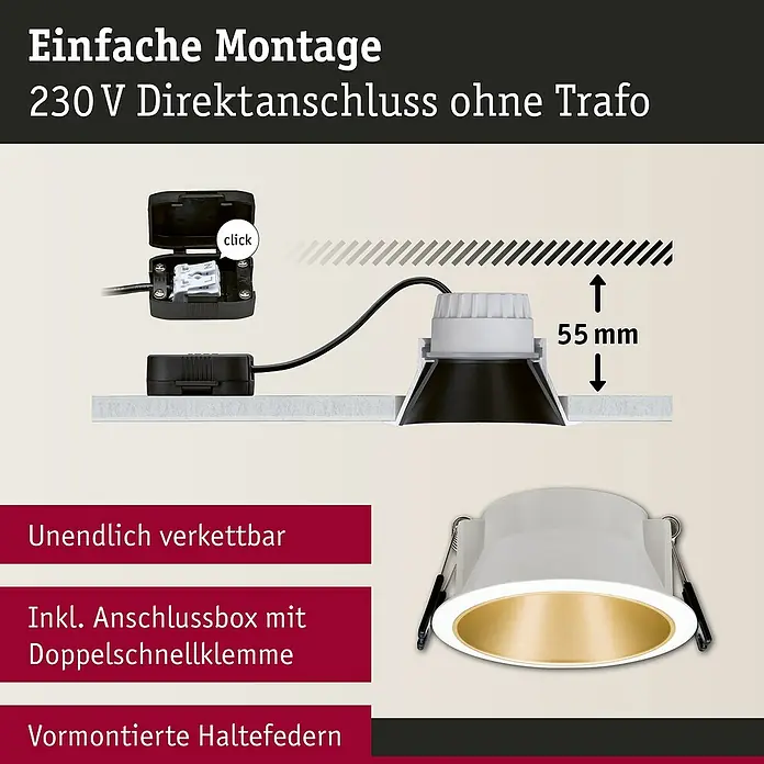 Paulmann LED-Einbauleuchte Cole - 6,5 W, Weiß/Gold, Warmweiß, 1 Stk. - Produktdarstellung einer Einbauleuchte mit Direktanschluss, einfacher Montage und einer Höhe von 55 mm. Inklusive Anschlussbox und Haltefedern.