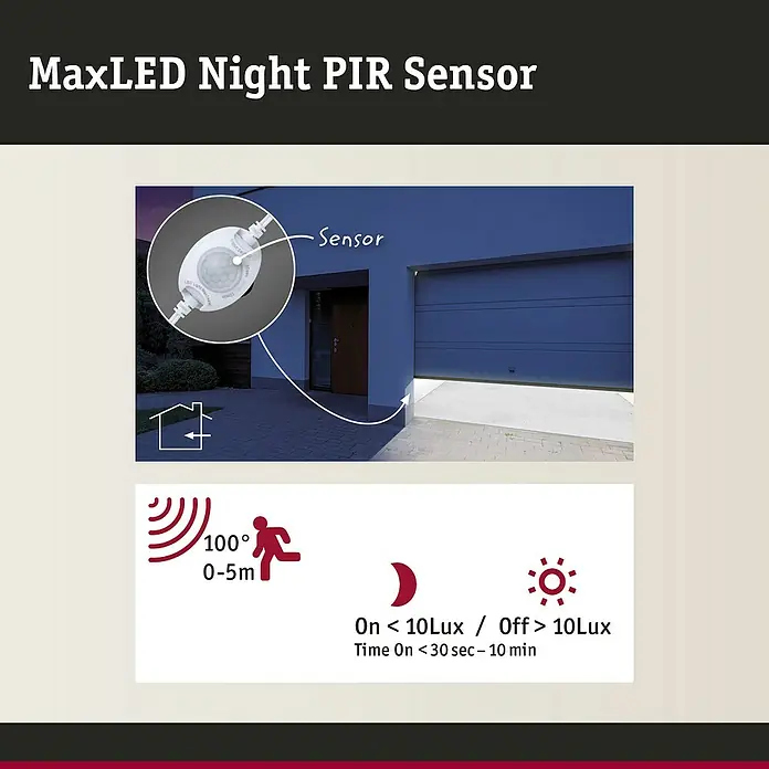 Paulmann MaxLED Bewegungsmelder Night - Weiß - Das Bild zeigt einen MaxLED Night PIR Sensor, der für den Einsatz im Außenbereich konzipiert ist. Der Sensor reagiert auf Bewegung und Lichtverhältnisse.