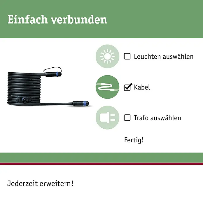 Paulmann Plug & Shine Verbindungskabel - 5 m, 2 Anschlüsse, IP68 - Das Bild zeigt ein schwarzes Kabel mit blauen Anschlüssen und erklärt die einfache Verbindung.