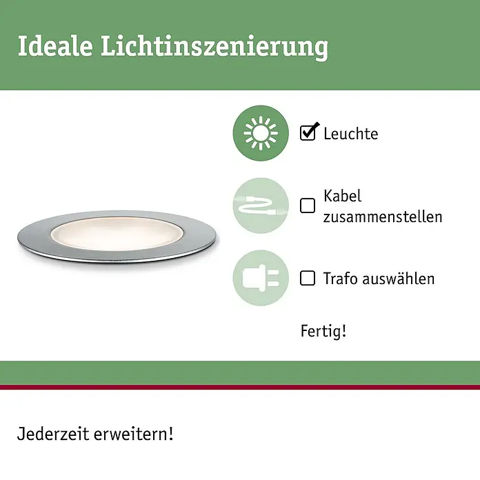 Paulmann Plug & Shine LED-Gartenspot Floor Eco - 1,3 W, Durchmesser: 7 cm, 24 V, IP65, Silber - Produktbild einer stilvollen Einbauleuchte. Schritt-für-Schritt-Anleitung zur Installation, inklusive Leuchte, Kabel und Trafo.