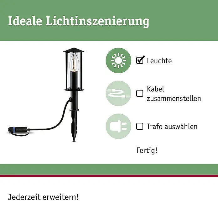 Paulmann Plug & Shine LED-Gartenstrahler Minipoller - Ø x H: 8 x 22 cm, 2 W, Anthrazit, IP44 - Produktbild einer Gartenleuchte mit Erdspieß und passendem Zubehör für eine stimmungsvolle Beleuchtung im Außenbereich.