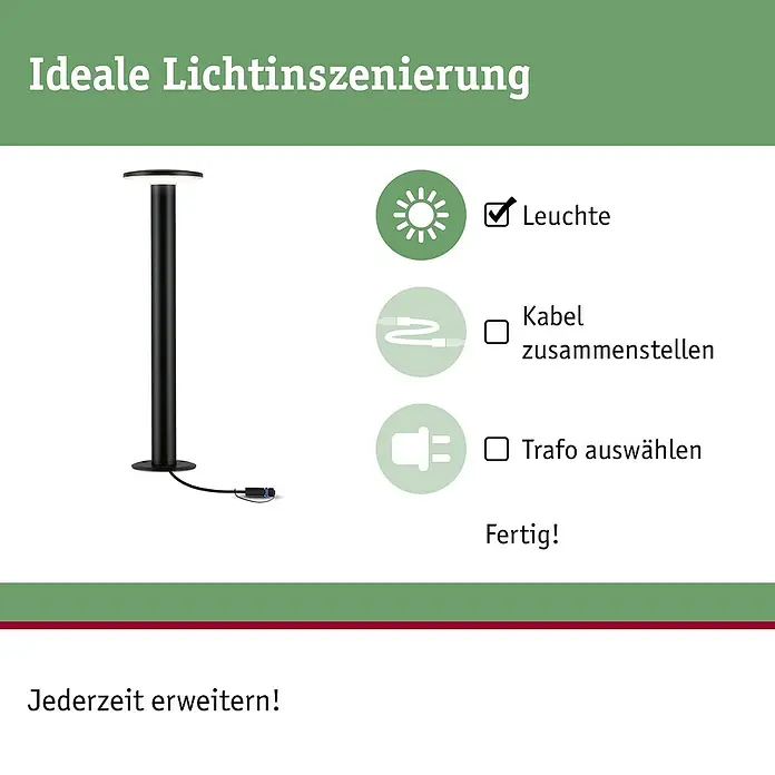 Paulmann Plug & Shine LED-Außenleuchte Plate - 6 W, Warmweiß, IP44, Farbtemperatur: 3.000 K - Produktabbildung einer modernen Außenleuchte. Die Leuchte ist schwarz und hat ein minimalistisches Design für eine ideale Lichtinszenierung.