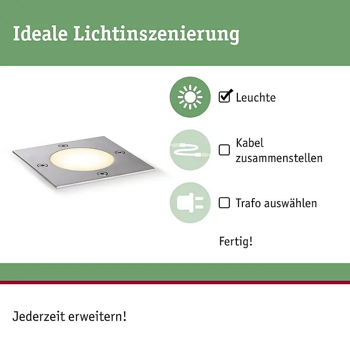 Paulmann Plug & Shine Bodeneinbauleuchte - 3,6 W, Warmweiß, IP65, Quadratisch - Eine quadratische Einbauleuchte aus Edelstahl mit sanftem Licht und den Schritten zur Installation.