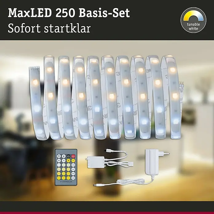 Paulmann MaxLED 250 LED-Band Tunable White Basisset - 3 m, Neutralweiß, IP44 - MaxLED 250 Basis-Set mit flexiblen LED-Stripes und Fernbedienung für sofortige, stimmungsvolle Beleuchtung.