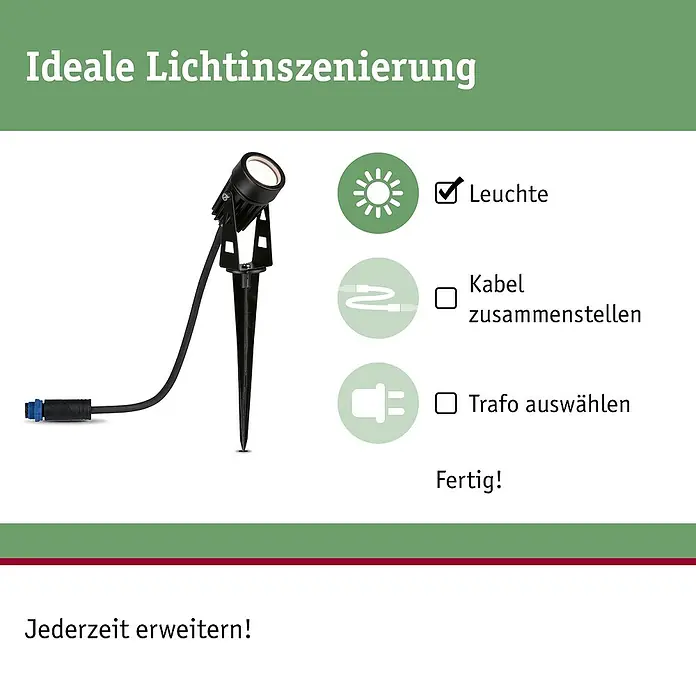 Paulmann Plug & Shine LED-Gartenspot - Erdspieß, Höhe: 26 cm - Produktabbildung einer Gartenleuchte. Inklusive Erdspieß und Kabel, die ideale Beleuchtung für den Garten. Die Leuchte ist einfach zu montieren.