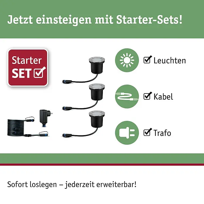 Paulmann Plug & Shine Basis-Set LED-Bodeneinbauleuchte Smart Home Zigbee - 3,6 W, Silber, Ø x H: 9,8 x 9,2 cm, Per App steuerbar, IP65 - Bild eines Starter-Sets für Außenleuchten mit Leuchten, Kabel und Trafo.