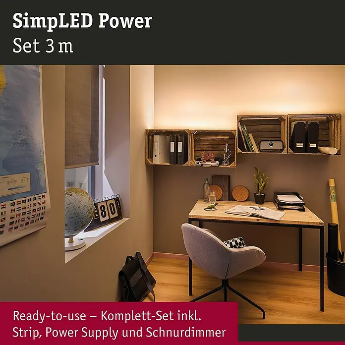 Paulmann LED-Band Power Strip - Länge: 3 m, Lichtfarbe: Warmweiß, 33 W, 3.300 lm, 24 V - Das Bild zeigt das SimpLED Power Set 3 m, ein anschlussfertiges Set inklusive Strip, Netzteil und Schnurdimmer, das eine gemütliche Atmosphäre schafft.