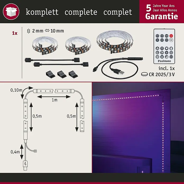 Paulmann LED-Band EntertainLED 55 Zoll - Länge: 200 cm, Lichtfarbe: RGB, 3,5 W - Darstellung eines LED-Streifens für den Fernseher, inklusive Zubehör und Montageanleitung. Fünf Jahre Garantie inklusive!