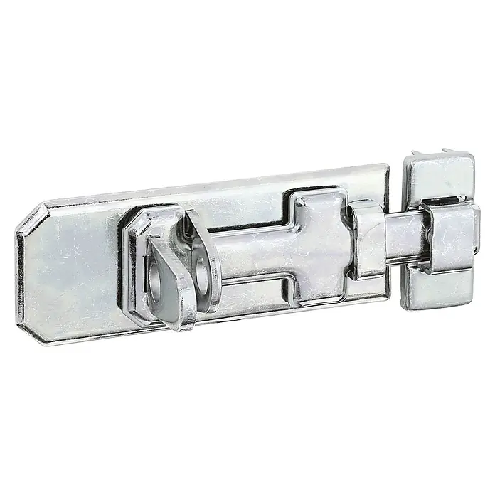 Stabilit Pestillo - L x An: 100 x 40 mm, Zincado - Primer plano de un cerrojo de cañón brillante de color plateado, un mecanismo de sujeción robusto para puertas y portones, ideal para la seguridad.