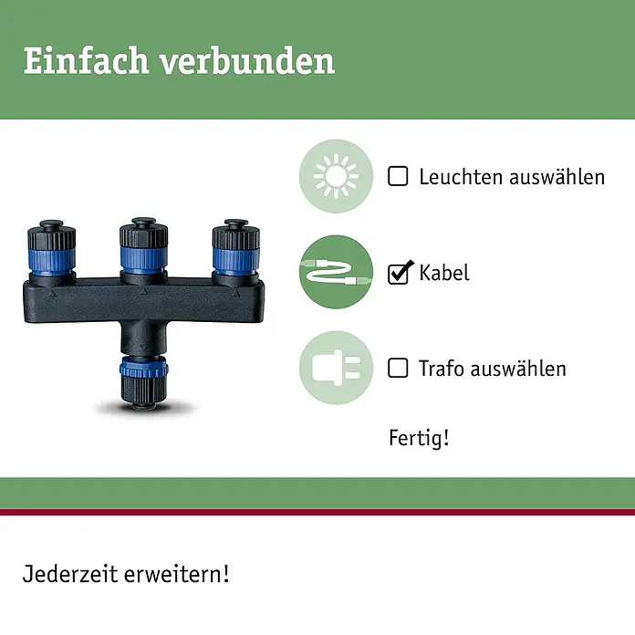 Paulmann Plug & Shine Verteiler - 3-fach, Max. Leistung: 150 W, IP68, 24 V - Produktabbildung eines schwarzen Gartensteckverbinders mit blauen Kappen, hervorgehoben durch eine Schritt-für-Schritt Anleitung zur Installation.