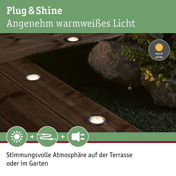 Paulmann Plug & Shine LED-Gartenspot Floor Eco - 1,3 W, Durchmesser: 7 cm, 24 V, IP65, Silber - Das Bild zeigt die "Plug & Shine"-Gartenleuchten, die ein angenehm warmweißes Licht verbreiten und eine stimmungsvolle Atmosphäre auf Terrassen oder in Gärten schaffen.