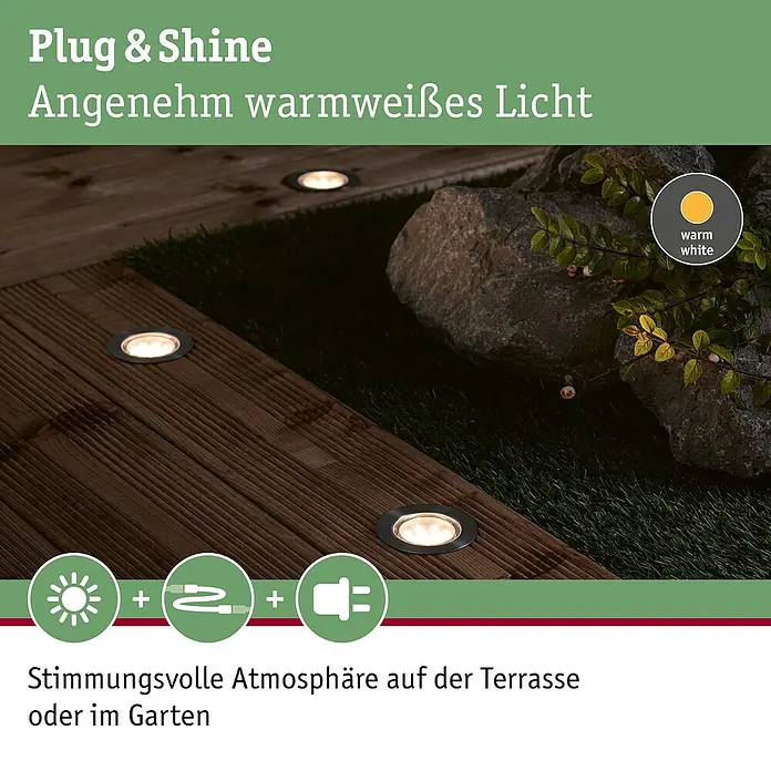 Paulmann Plug & Shine Bodeneinbauleuchten-Basis-Set LED-Bodeneinbauleuchte Floor Eco - 7 x 3 cm, Warmweiß, Silber - Bild von Plug & Shine warmweißen Bodeneinbaustrahlern für Terrassen und Gärten, die eine stimmungsvolle Atmosphäre schaffen.