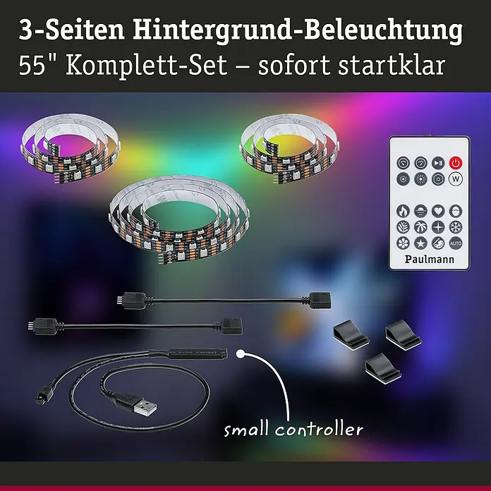 Paulmann LED-Band EntertainLED 55 Zoll - Länge: 200 cm, Lichtfarbe: RGB, 3,5 W - Produktbild eines 3-Seiten Hintergrund-Beleuchtungssets für 55-Zoll-Bildschirme, inklusive LED-Streifen, Fernbedienung und Zubehör.