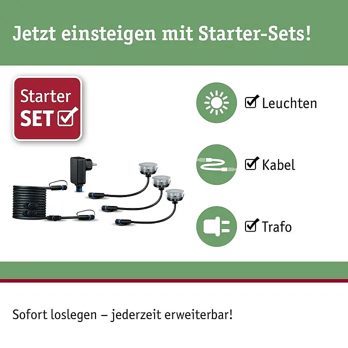 Paulmann Plug & Shine Bodeneinbauleuchten-Basis-Set LED-Bodeneinbauleuchte Floor Eco - 7 x 3 cm, Warmweiß, Silber - Starter-Set für Beleuchtung: Enthält Leuchten, Kabel und Trafo. Sofort loslegen und jederzeit erweiterbar.