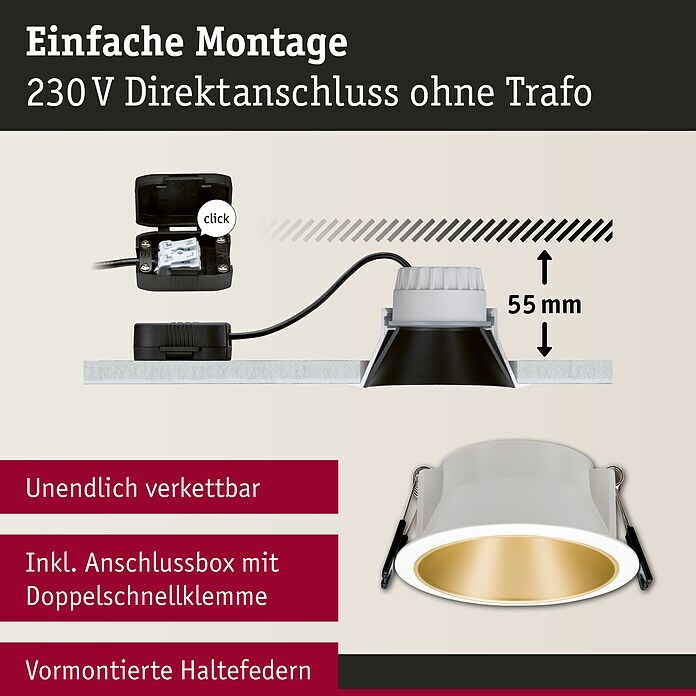 Paulmann LED-Einbauleuchte Cole (19,5 W, Weiß/Gold, Warmweiß, 3 Stk.) | BAUHAUS