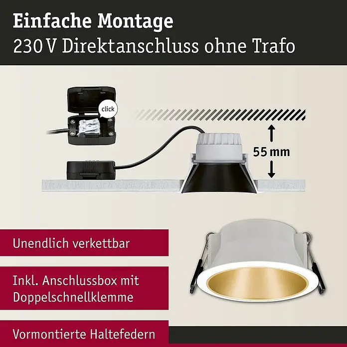 Paulmann LED-Einbauleuchte Cole - 19,5 W, Weiß/Gold, Warmweiß, 3 Stk. - Produktbild einer einfach zu montierenden 230V-Deckenleuchte mit Direktanschluss ohne Trafo und Zubehör, ideal für die Innenraumbeleuchtung.