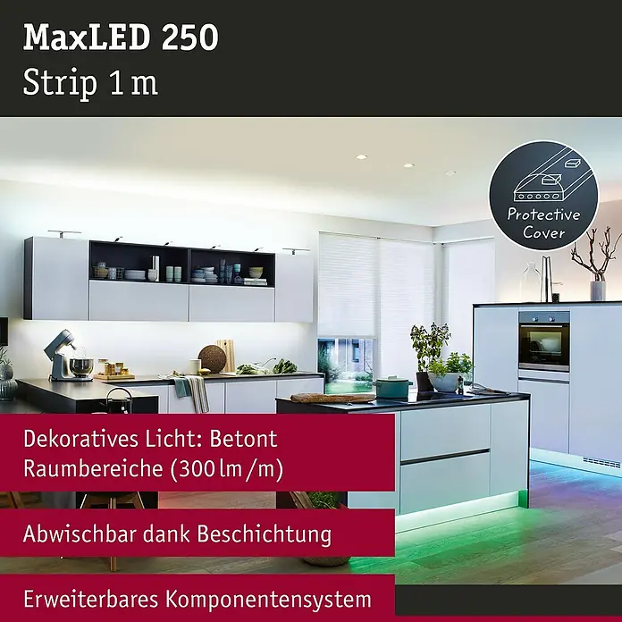 Paulmann MaxLED 250 LED-Band RGBW beschichtet IP44 - Länge: 1 m, Lichtfarbe: RGBW, 7 W, 270 lm, Anwendungsbereich: Außen - MaxLED 250 Strip 1 m: Dekoratives Licht für Raumakzente mit 300 lm/m, abwischbar und erweiterbares Komponentensystem mit Schutzabdeckung.