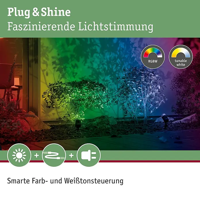 Paulmann Plug & Shine Basis-Set LED-Gartenstrahler Pike Smart Home Zigbee 3.0 - Anthrazit, Ø x H: 5 x 22,5 cm, 4,5 W, Per App steuerbar, IP44, 3 Stk. - Produktbild von Plug & Shine für eine faszinierende Lichtstimmung im Garten mit smarter Farb- und Weißtonsteuerung.