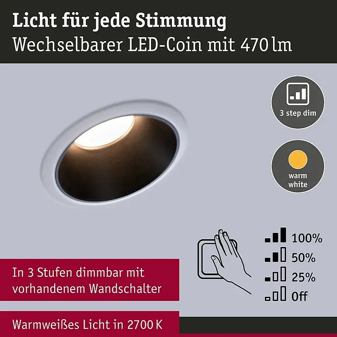 Paulmann LED-Einbauleuchte Cole - 6,5 W, Weiß/Schwarz, Warmweiß, 3 Stk. - LED-Deckeneinbaustrahler mit 470 lm und warmweißem Licht. Dimmbar in 3 Stufen mit vorhandenem Wandschalter für jede Stimmung.