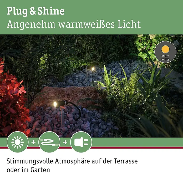 Paulmann Plug & Shine LED-Gartenspot-Set Plantini Erweiterung - 2 W, IP44 Schutzkontakt-Stecker, IP44 - Produktbild der Plug & Shine Gartenbeleuchtung mit angenehm warmweißem Licht für eine stimmungsvolle Atmosphäre auf Terrasse oder im Garten.