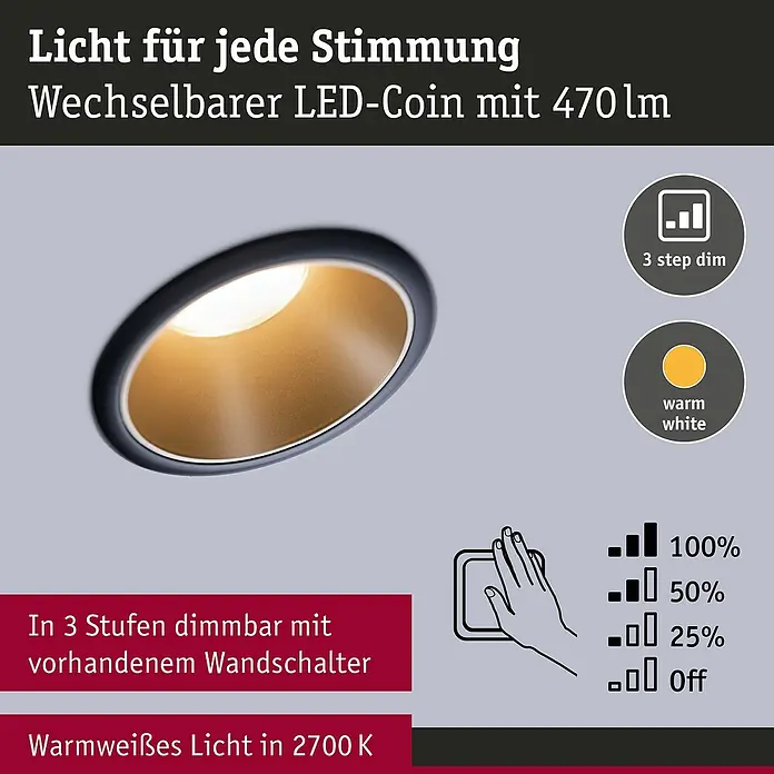 Paulmann LED-Einbauleuchte Cole - 19,5 W, Schwarz/Gold, Warmweiß, 3 Stk. - Produktbild einer dimmbaren LED-Einbauleuchte mit warmweißem Licht für stimmungsvolle Beleuchtung.