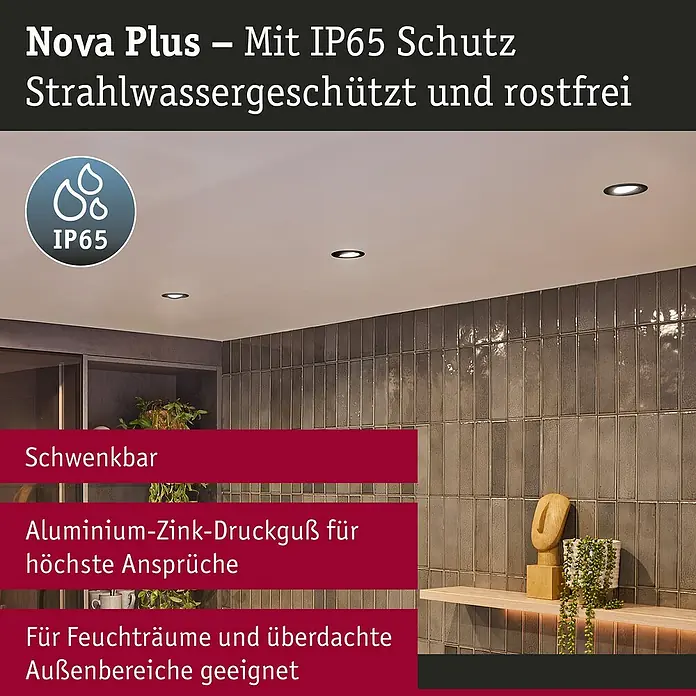 Paulmann Nova LED-Einbauleuchte rund - 6 W, Schwarz, Warmweiß, 1 Stk. - Nova Plus Deckenleuchten mit IP65 Schutz. Strahlwassergeschützt und rostfrei, ideal für Feuchträume und Außenbereiche.