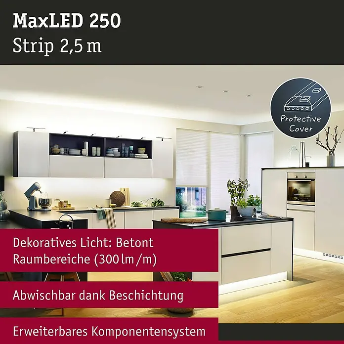 Paulmann MaxLED 250 LED-Band Protecting Cover IP44 - Länge: 2,5 m, Lichtfarbe: Warmweiß, 10 W, 600 lm - Kücheninterieur mit MaxLED 250 Strip 2,5 m für dekorative Beleuchtung und erweiterbares Komponentensystem.