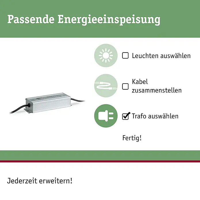Paulmann Plug & Shine LED-Trafo - Max. Leistung: 150 W, 24 V, Silber, IP67 - Produktbild eines elektronischen Transformators für LED-Beleuchtung, der für passende Energieeinspeisung sorgt und für Erweiterungen geeignet ist.