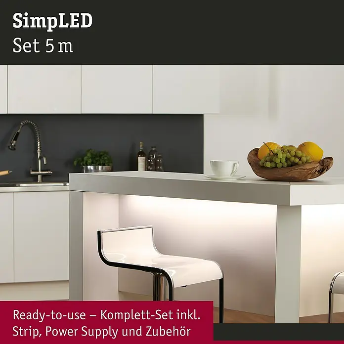 Paulmann LED-Band Strip - Länge: 5 m, Lichtfarbe: Warmweiß, 17 W, 960 lm, 12 V - SimpLED Set 5m: Komplettes LED-Streifen-Set für eine stimmungsvolle Beleuchtung in Ihrem Zuhause. Einfach zu installieren und vielseitig einsetzbar.