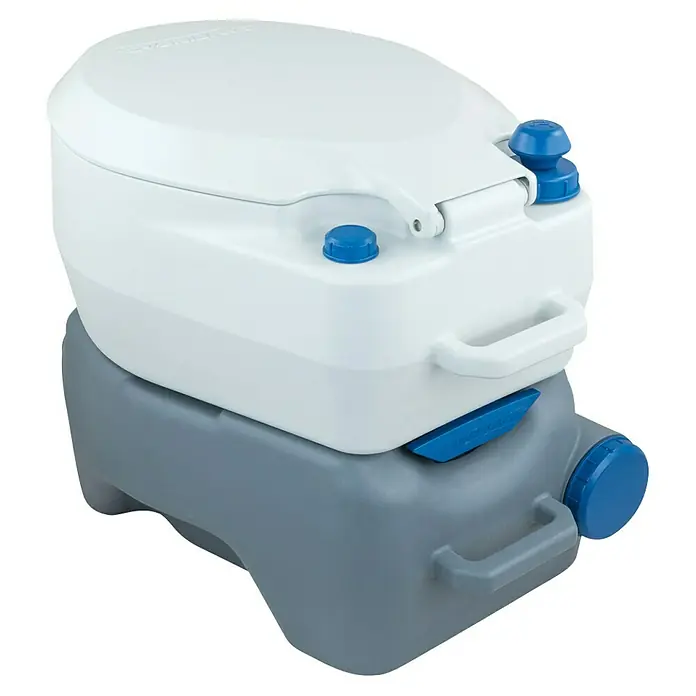 Campingaz Campingtoilette Portable - L x B x H: 58 x 41 x 45 cm, Fassungsvermögen Wassertank: 15 l, Kunststoff - Tragbare Campingtoilette mit grauem Unterteil und weißem Oberteil mit blauen Knöpfen für den mobilen Einsatz.