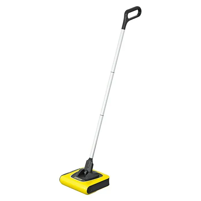 Kärcher Escoba de batería KB 5 - 3,7 V, 1 batería, Volumen de recipiente: 0,37 l - Escoba eléctrica amarilla de Kärcher con mango negro y barra blanca para la limpieza eficiente e inalámbrica de suelos duros y alfombras.