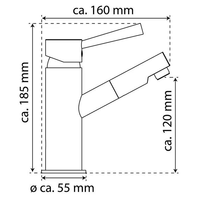 Camargue Merida Waschtischarmatur - Höhe: 18,5 cm, Chrom, Glänzend - Abbildung einer stilvollen Armatur mit Maßangaben. Präzise Details und Abmessungen für Ihre Badplanung.
