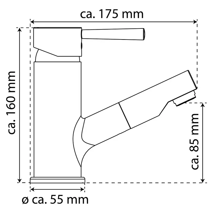 Camargue Merida Waschtischarmatur - Höhe: 16 cm, Chrom, Glänzend - Schematische Zeichnung einer Armatur mit Maßangaben: Höhe ca. 160 mm, Ausladung ca. 175 mm, Auslaufhöhe ca. 85 mm und Durchmesser des Sockels ca. 55 mm.