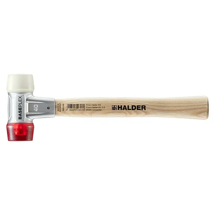 Halder Schonhammer BasePlex - Durchmesser Kopf: 40 mm - Der Baseplex Hammer mit einem Holzgriff und einem weißen und roten Kopf.