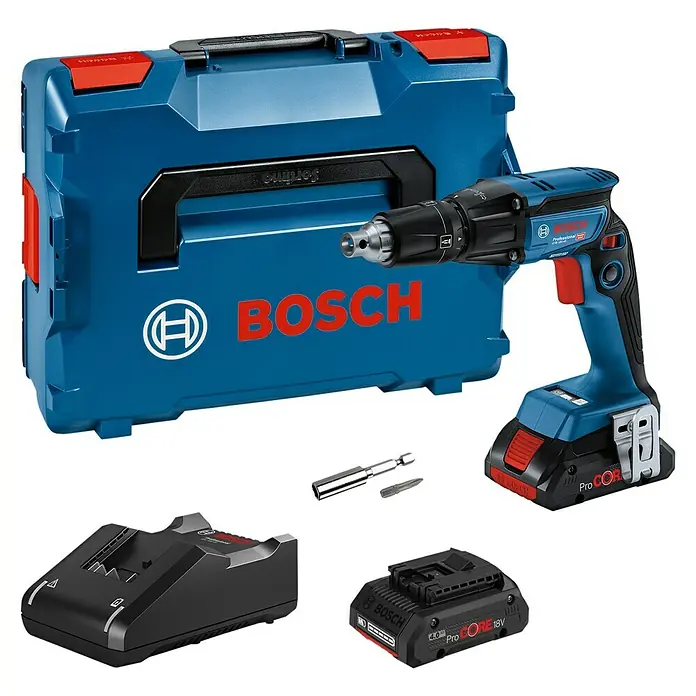 Bosch Professional AMPShare 18V Akku-Trockenbauschrauber GTB 18V-45 - 18 V, 2 Akkus, 6 Nm, Leerlaufdrehzahl 1. Gang: 0 U/min - 4.500 U/min - Bosch Professional Akku-Bohrschrauber mit Zubehör und L-Boxx. Ein professionelles Werkzeugset für Handwerker und Heimwerker.