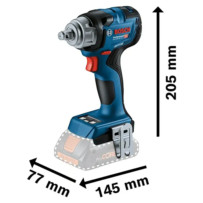 Bosch Professional AMPShare 18V Akku-Drehschlagschrauber GDS 18V-330 HC - 18 V, Ohne Akku, Max. Drehmoment: 330 Nm - Abbildung des Bosch GDS 18V-330 HC Akku-Schlagschraubers mit Maßangaben. Kompaktes, blaues Werkzeug mit hervorragender Leistung für Profis.